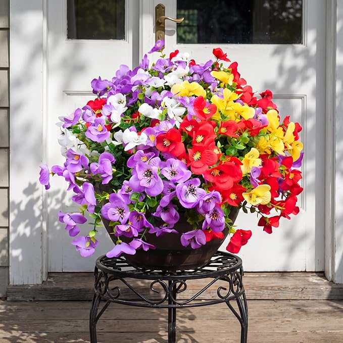 Artificial Flowers for Outdoor, UV Resistant Fake Silk Pansies Flowers, Realistic Faux Plants for Outside Indoor Porch Patio Window Box Planter Home Decor (16, Yellow Purple White Red)