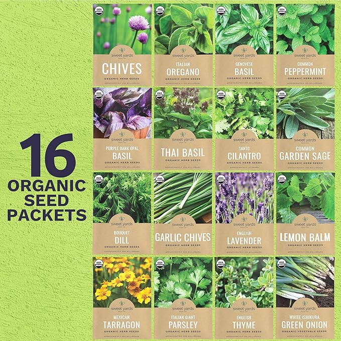 Organic Herb Seeds Variety Pack - 16 Individual Packs - 2026 Season - Basil, Cilantro, Dill, Thyme, Parsley and More! for Indoor & Outdoor Planting (Non-GMO, Certified Organic)