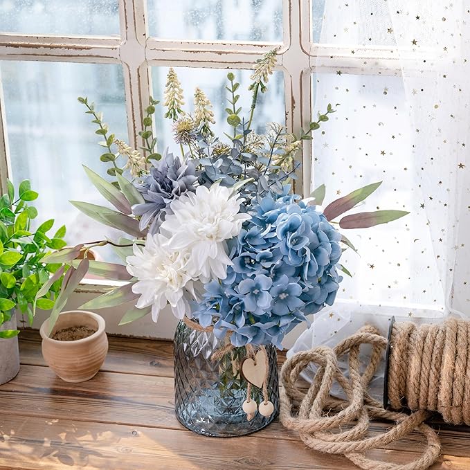 LUEUR Fake Flowers with Vase, Hydrangea Artificial Flowers in Vase Faux Flowers Arrangement Suitable for Home Kitchen Living Room Fall Spring Decor Office Decoration, Centerpiece Table Decorations