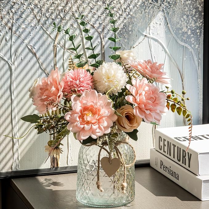 3 Pack Set Fake Flowers With Vase, Faux Silk Pink Dahlia Artificial Flowers for Home Decor, Coffee Table, Living Room, Bathroom Plant Decor