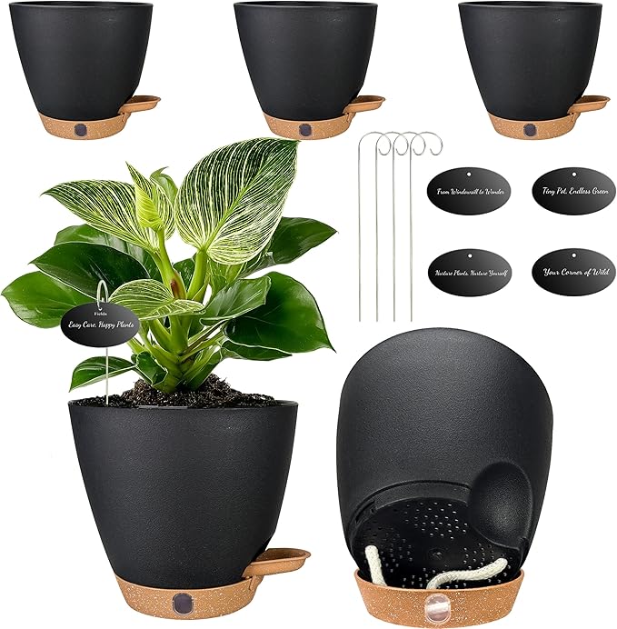 6 Inch Self Watering Pots for Indoor Plants(5-Pack) – Small Plastic Planters with Water Level Window, Drainage Holes & Detachable Trays, Indoor Outdoor Flower Pots for Herbs, Snake,Pothos(Black)