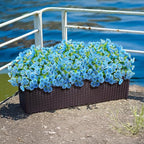 Artificial Fake Outdoor Plants Flowers for Summer Decoration, 12 Bundles Silk Blue Morning Glory Eucalyptus Realistic UV Resistant Faux Flowers for Outside Planter Front Door Porch Garden Yard Patio