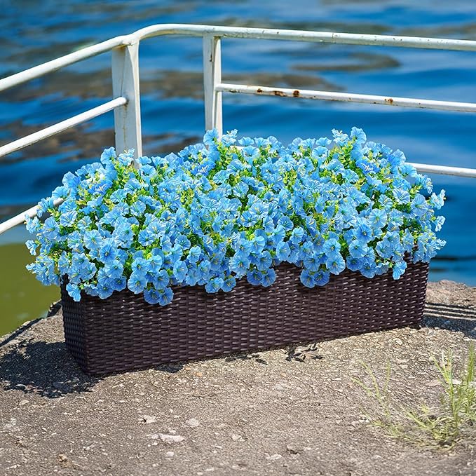 Artificial Fake Outdoor Plants Flowers for Summer Decoration, 12 Bundles Silk Blue Morning Glory Eucalyptus Realistic UV Resistant Faux Flowers for Outside Planter Front Door Porch Garden Yard Patio