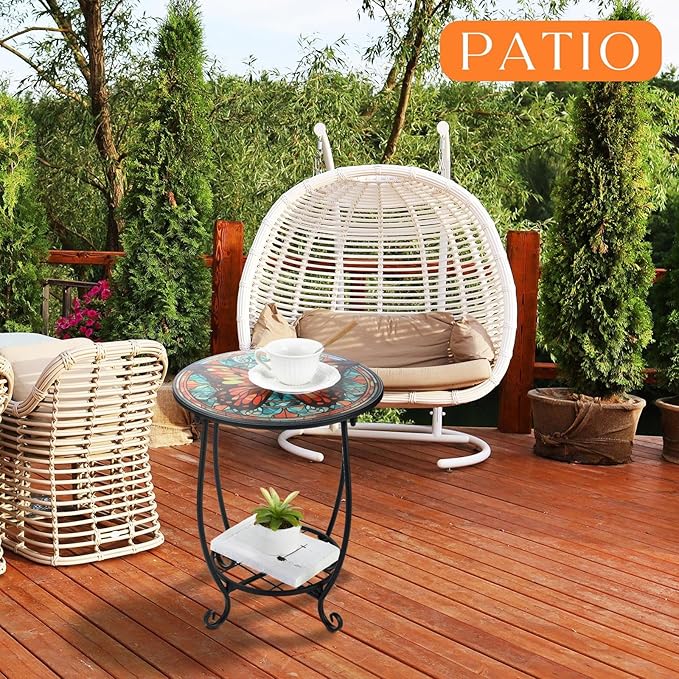 Outdoor Side Table Round Small Mosaic Patio Accent Indoor End Plant Coffee Tea Table for Yard Patio Porch Garden Living Room, Bedroom(Butterfly B Style,18 Inch)