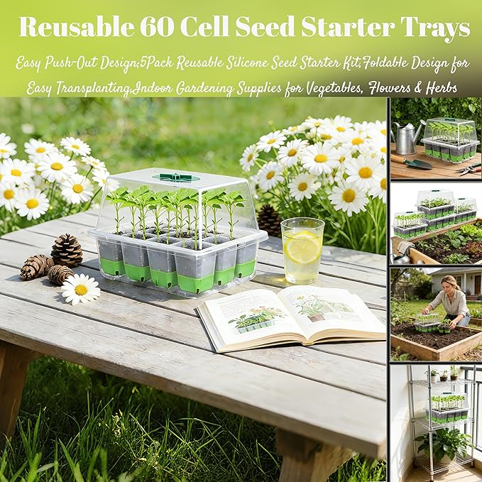5-Pack Flexible Germination Trays,Reusable 60Cell Seed Starter Trays With Humidity Dome & Lids , Flexible Pop-Out Design, BPA-Free Silicone Seedling Kit & Dishwasher Safe for Herbs/Vegetables/Flowers