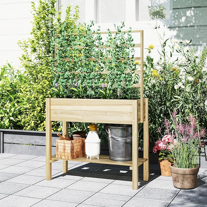 Outsunny Wooden Raised Garden Bed with Trellis, Elevated Planter Box with Storage Shelf, Drainage Holes and Liner, Outdoor Flower Box for Vegetables, Flowers, Herbs