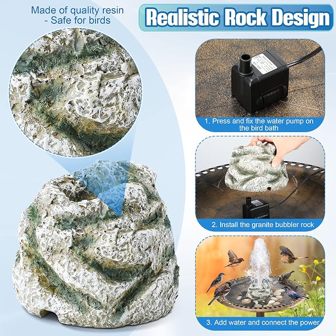 Bird Bath Fountain, Bird Bath Water Fountains with 7W Water Pump, Gray Moss Resin Granite Water Fountain Rock Waterfall for Birdbath, Bird Feeder