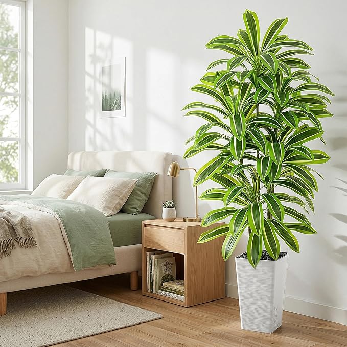 Artificial Dracaena Tree：5FT Faux Silk Tropical Yucca Floor Trees Realistic Fake Green Plant with Natural Wood Trunk & Lifelike Leaves for Home Office Decor Indoor & Outdoor (5FT,1-Pack,White)