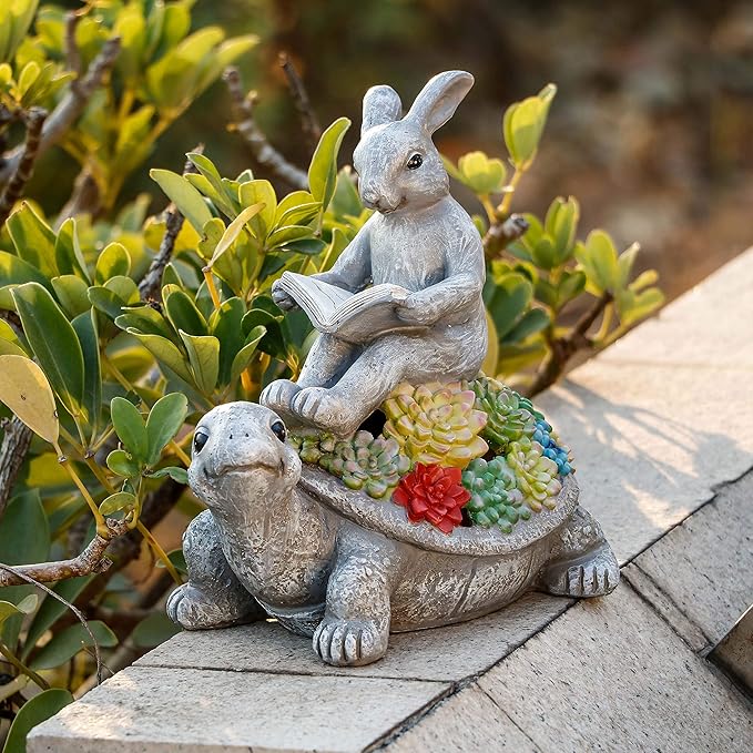 TERESA'S COLLECTIONS Garden Statues Rabbit Turtle Solar Outdoor Light for Garden Decor, Resin Outdoor Statues Tortoise Bunny Sculptures for Lawn Patio Porch Yard Decor Garden Gifts for Mom Women, 9"