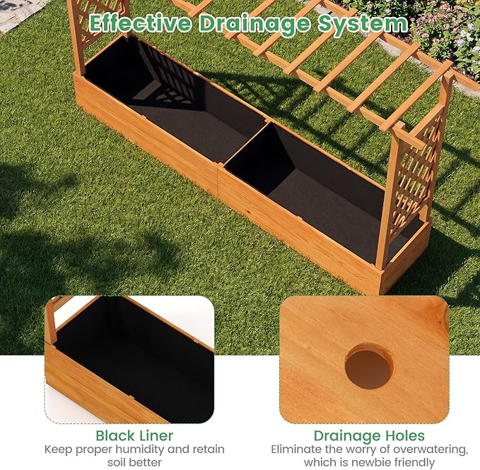 BECOMFORT Raised Garden Bed with Trellis & Hanging Roof, 45" Tall Fir Wood Planter Box with Drainage Holes, Outdoor Elevated Garden Planter for Climbing Vines (Orange, 79" Lx17.5 Wx45 H)