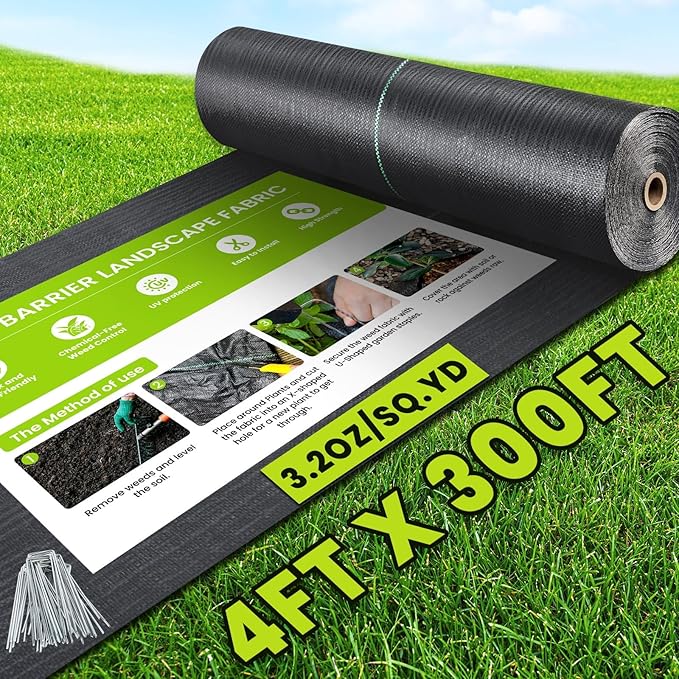 4ft x 300ft Weed Barrier Landscape Fabric, 3.2oz Heavy Duty Woven Geotextile Fabric, Block Gardening Mat Ground Cover, Weed Control Garden Cloth for Gardening Ground, Landscaping, Driveway