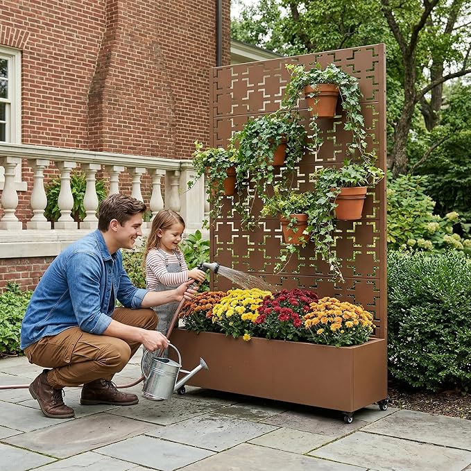 Casaphoria Metal Raised Garden Bed with Trellis and Wheels, 72"x47"x16" Arched Planter Box for Climbing Plants, Vegetables & Vines, Features Drainage Holes and Privacy Screen, Brown-Square