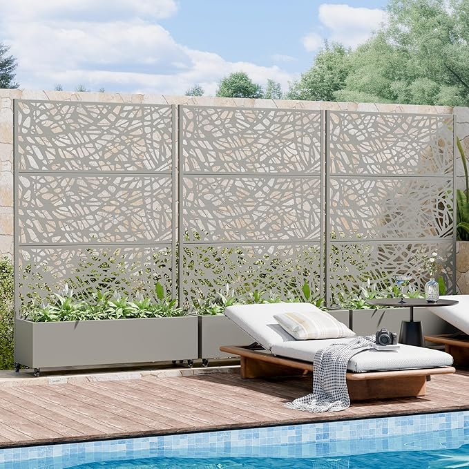 Casaphoria Metal Raised Garden Bed with Trellis and Wheels, 72"x47"x16" Planter Box for Climbing Plants, Vegetables & Vines, Features Drainage Holes and Privacy Screen, Grey-Net