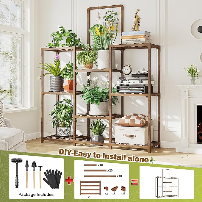 EnHomee Plant Stand Indoor Tall Plant Stand Outdoor Large Wood Plants Shelf with 10-12 Pots for Patio, Living Room, Garden, Balcony, 34.5" Wx47.3 Hx11.78 D
