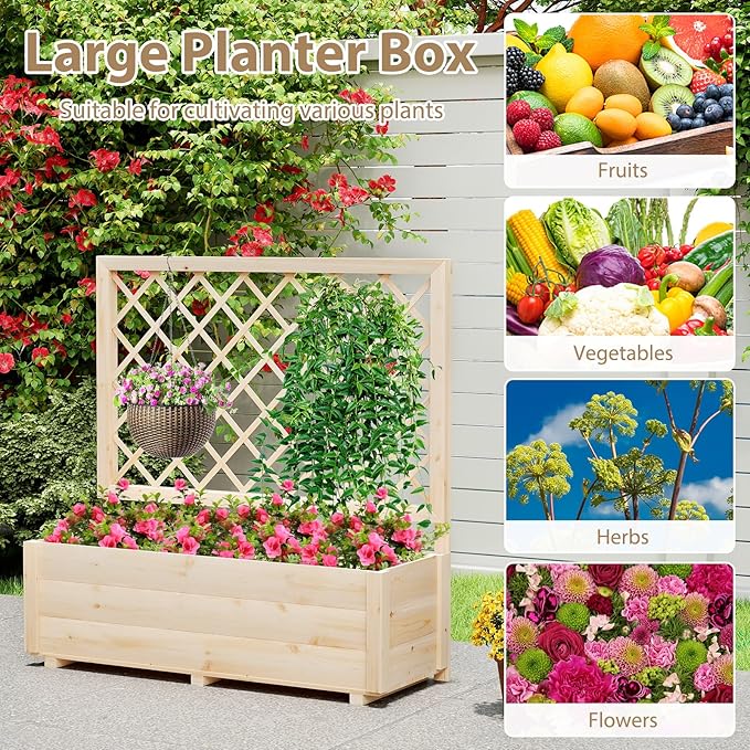 Giantex Raised Garden Bed with Trellis, Drainage Hole, Wood Elevated Planter Box for Climbing Vine Flower Herb Vegetable Fruit, Planting Container for Indoor Outdoor Patio Balcony (39”x14”x40”)