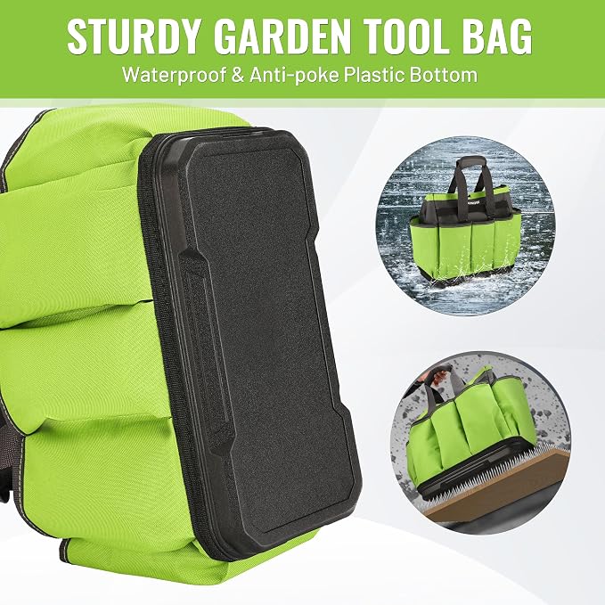 WORKPRO Garden Tool Bag with Waterproof Plastic Base, 8 Pockets Gardening Bag, Heavy Duty Oxford Garden Tote Caddy, Gardening Tool Kit Holder for Indoor and Outdoor(Tools NOT Included)