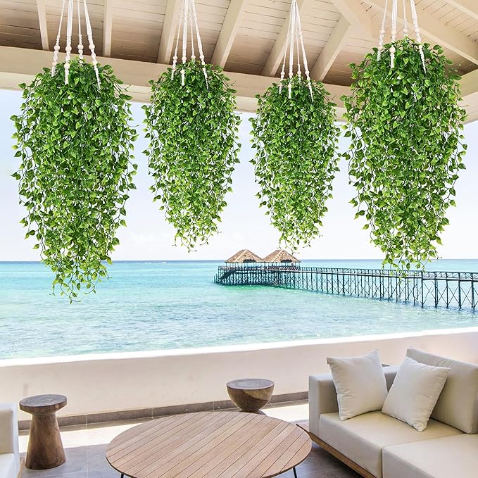 Waipfaru 4Pcs Artificial Hanging Plants, Fake Vines Boston Ivy Fake Hanging Plants for Outdoors UV Resistant Ivy Artificial Plants Faux Plants Indoor Living Room Boho Wall Porch Shelf Decor