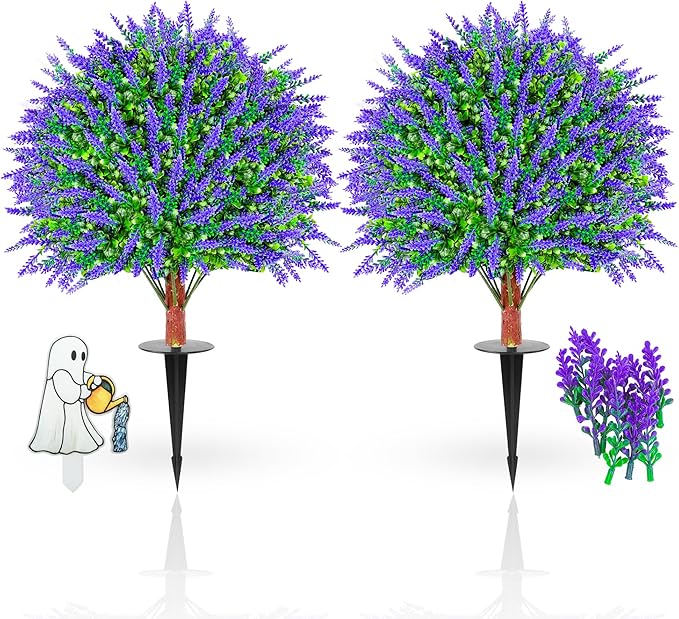 JTING' CHOISIR Set of 2 Artificial Lavender Boxwood Topiary Ball Trees with Ground Spike, 26 Inches UV Resistant Fake Evergreen Plant Bushes Shrubs for Indoor Outdoor Front Porch Garden (Lavander)