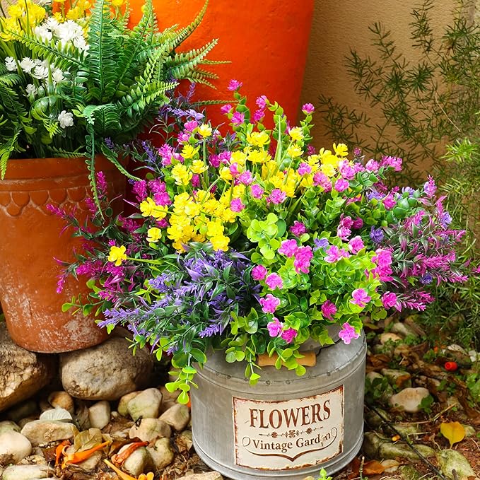12 Bundles Artificial Fake Flowers Outdoor, 6 Styles UV Resistant No Fade Faux Plastic Greenery Shrubs Plants for Hanging Garden Porch Window Box Farmhouse Outside Decoration