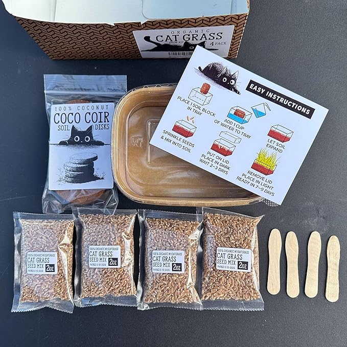 Cat Grass Grow Kit — 4-Batch Indoor Growing Set with Containers, Soil Disks & Seeds | Supports Digestion & Hairball Control | Ready to Grow, No Mess