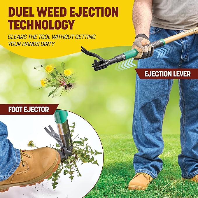 Papa's Tools Weed Puller Tool, 44" Stand Up Weeder Garden Tools & 4 Claw Steel Head, Dual Weed Eject Tech. Made with Real Bamboo & Long Wooden Handle, Yard Weeding Remover for Gardening Men & Women