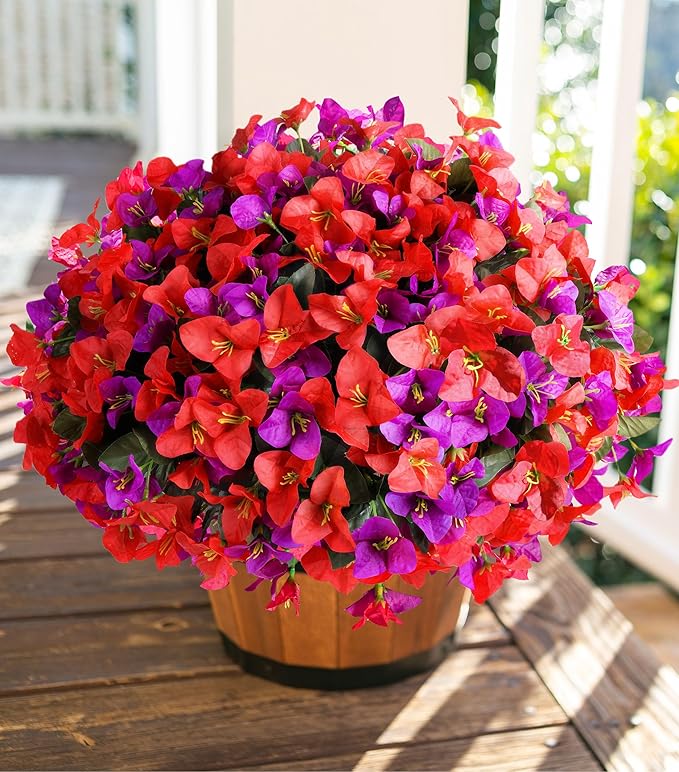 Artificial Faux Flowers for Outdoors Spring Summer Outside Decor, 4 Bundles Fake Silk Bougainvillea UV Resistant Look Real Faux Plants for Planter Patio Porch Window Garden Home Decoration, RedPurple