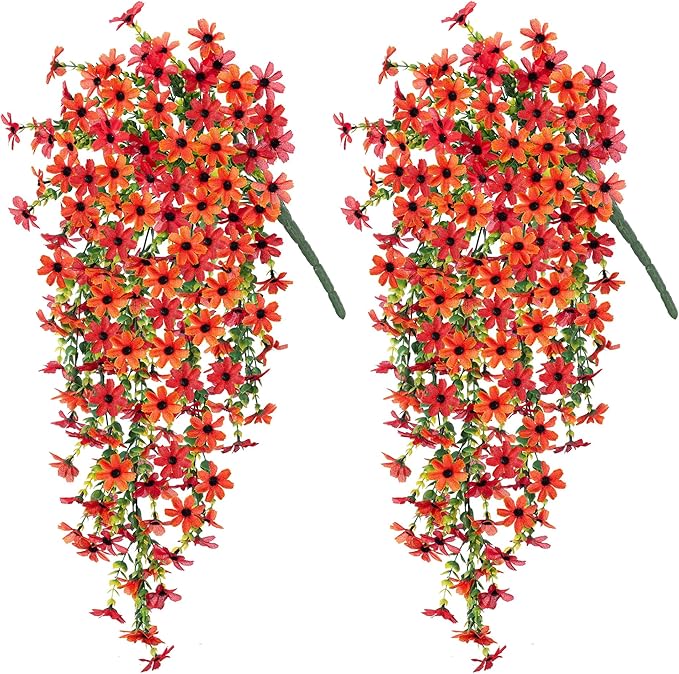 Fake Artificial Hanging Flowers for Outdoors Fake Plants Decoration, 2 Bundles Faux Silk Colorful Daisy Eucalyptus Realistic UV Resistant for Outside Home Planter Porch Patio Yard Decor(Red Orange)