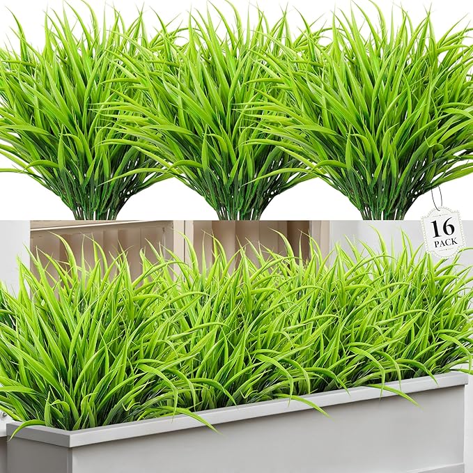 16 Pcs Artificial Plants Outdoor Fake Grass Faux Greenery Stems UV Resistant Plastic Plants Shrubs for Planters Patio Garden Front Porch Pathway Spring Summer Home Decor, Green