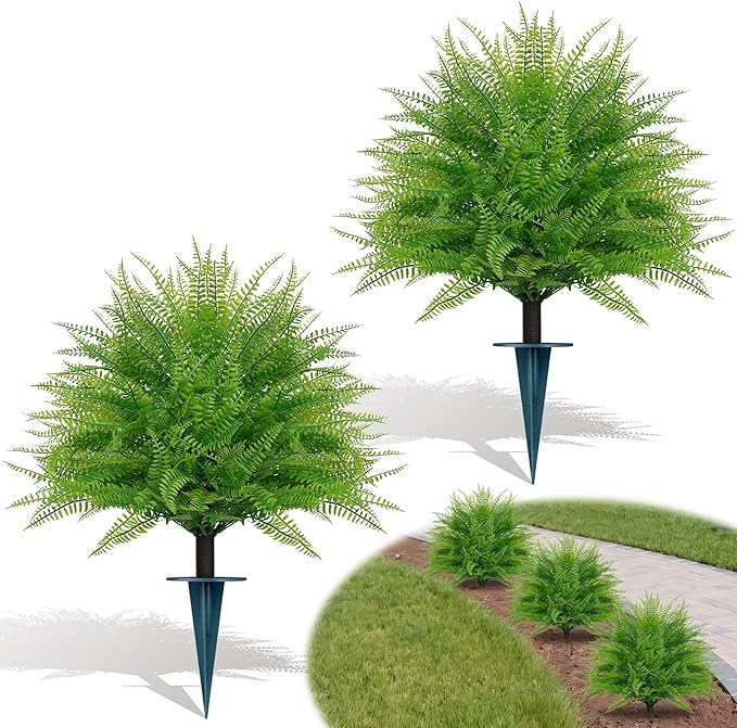 Yangrass Artificial Outdoor Fern Topiary Trees with Ground Spikes, Set of 2 Lifelike Faux Greenery Bush Fake Shrubs Indoor, UV Resistant Artificial Fern Plants for Front Porch Patio Garden Decor