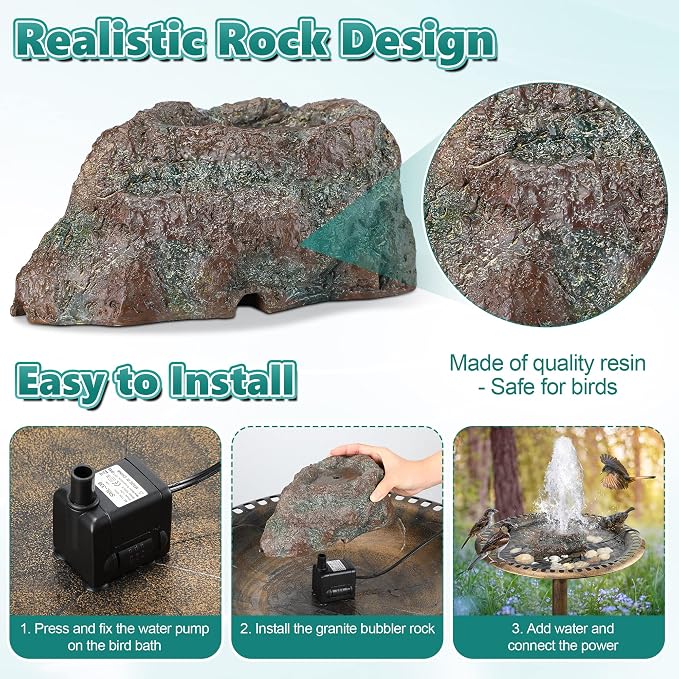 Dreyoo Fountain for Bird Bath, Red Moss Resin Granite Water Fountain Rock with 7W Water Pump, Bird Bath Fountains for Hummingbird Birdbath, Bird Feeder, Small Aquarium, Fish Tank