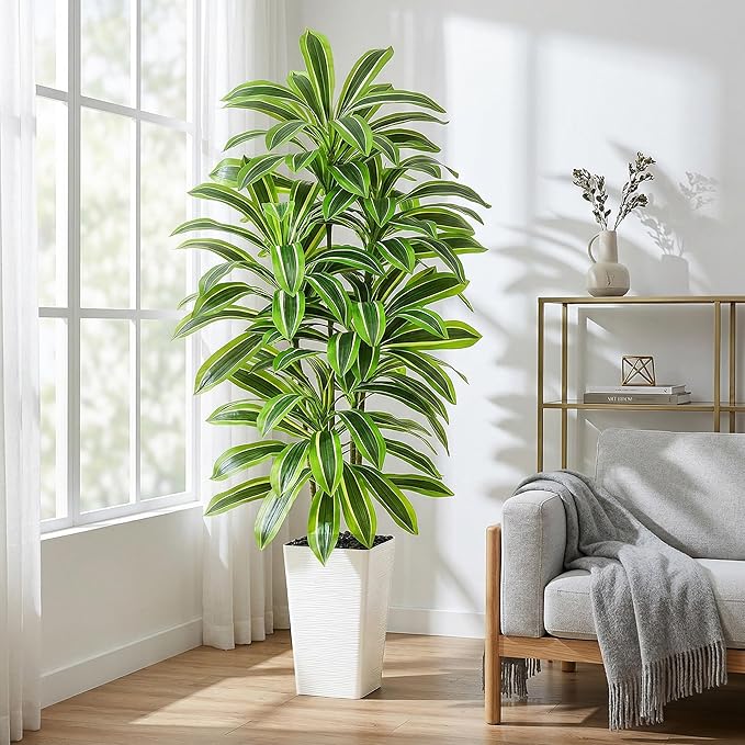 Artificial Dracaena Tree：5FT Faux Silk Tropical Yucca Floor Trees Realistic Fake Green Plant with Natural Wood Trunk & Lifelike Leaves for Home Office Decor Indoor & Outdoor (5FT,1-Pack,White)