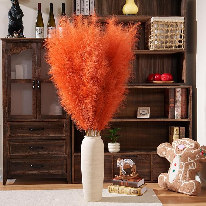 Premium Faux Orange Pampas Grass – 55" Tall Ultra-Fluffy 24-Branch One-Piece Stems No Assembly, Luxury Silk-Feel Feather Flowers for Fall Autumn Boho Home Decor (Tangerine, 8 Stems 140cm)