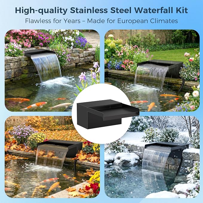 Biling Pond Waterfall Spillway Kit, 8” Waterfall Box with 660 GPH Powerful Pump, Triple Filtration System (Ceramic Rings & Sponge), Complete DIY Water Feature Kit for Garden Ponds, Streams and Patio