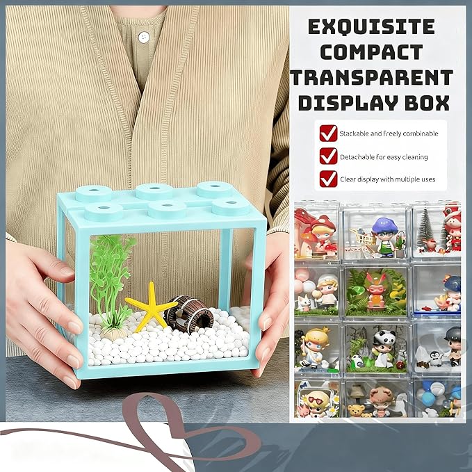Small Betta Fish Tank, Stackable Mini Fish Tank Tiny Aquarium Kit with Aquarium Gravel & Resin Decorations, 0.6 Gallon Cube Desktop Fishbowl for Snails, Crabs, Starfish (Light Blue)