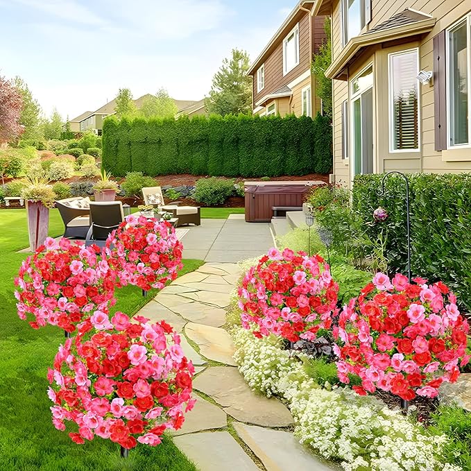 Waipfaru Set of 4 Artificial Boxwood Topiary with Colorful Flowers, 23" UV Resistant Fake Bushes Faux Outdoor Plants, Artificial Shrubs with Ground Spike for Outdoor Garden Front Porch(Red, Pink)