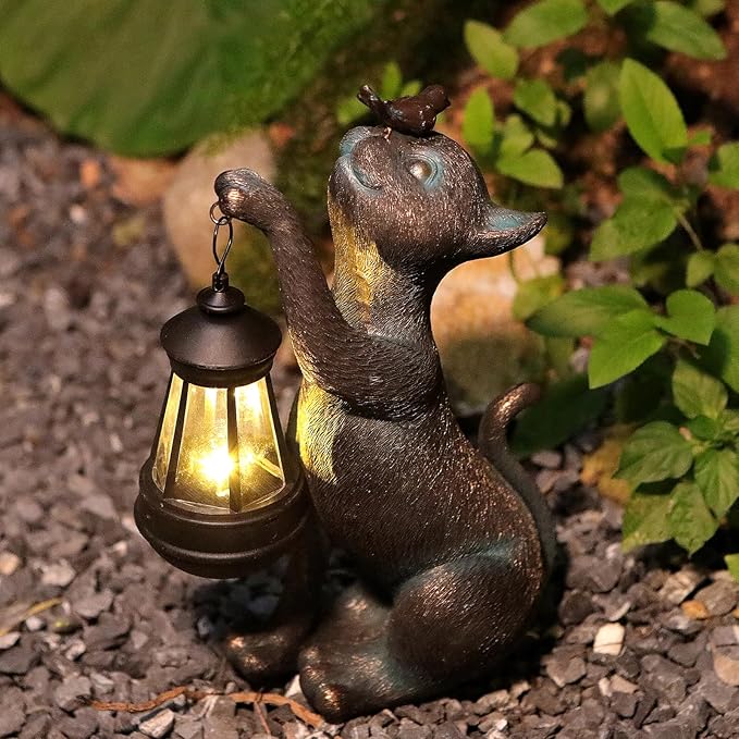 IVCOOLE Outdoor Cat Statues Solar Garden Decor : Cat Figurine with Bird Decor,Unique Garden Art for Porch Patio Balcony Yard Lawn Ornaments - Birthday Housewarming Gifts for Grandma Mom Women