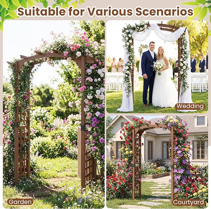 Giantex 7.5FT Wood Garden Arbor Trellis, Wooden Wedding Arch for Ceremony Party, Outdoor Archway Pergola for Climbing Plants, Pathway, Yard, Garden Decor, Easy Assembly (Dark Brown, 63''W x 90''H)