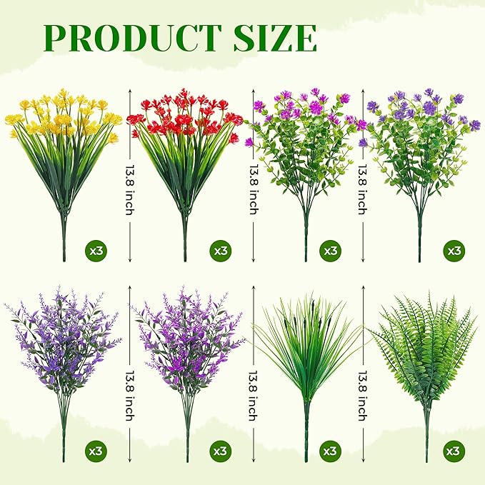 Der Rose 24 Bundles Artificial Flowers Bulk for Outdoors UV Resistant Fake Flowers Spring for Garden Patio Porch Farmhouse Home Window Box Decor（Colourful）