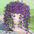 Artificial Hanging Petunias Flowers for Outdoor, 2pcs Fake Plants Long Vine Morning Glory Eucalyptus, UV Resistant Realistic Faux Greenery Outside Patio Porch Garden Spring Summer Decor, Dark Purple