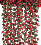 8 Pcs x 8.2 ft Flower Garland Artificial Rose Vine Flowers with Green Leaves Hanging Fake Roses Vine for Room Party Home Wedding Birthday Christmas Wall Arch Decor, Spring Red Flower