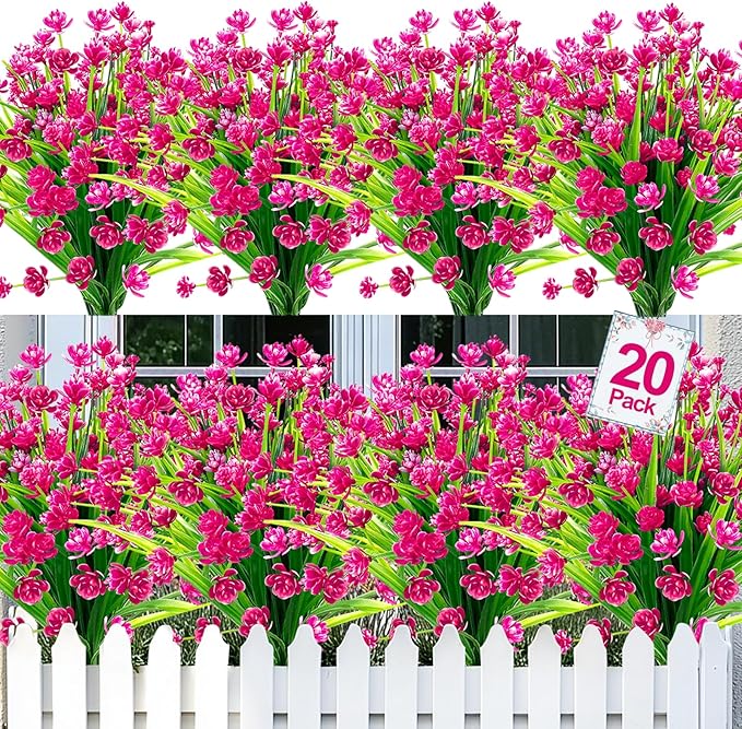 TURNMEON 20 Bundles Artificial Flowers for Outdoors Fake Plants Spring Decor, UV Resistant Artificial Plants Cemetery Flowers Faux Plastic Greenery Shrub for Home Porch Summer Decor 580 Heads(Magenta)