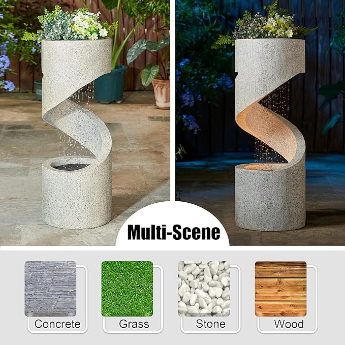 Glitzhome Outdoor Water Fountain with LED Light, Decorative Tiered Curved Waterfall Fountain with Stone Planter, Faux Terrazzo Spiral Shaped Outdoor Fountains for Garden Deck Patio Porch, 31.25”H