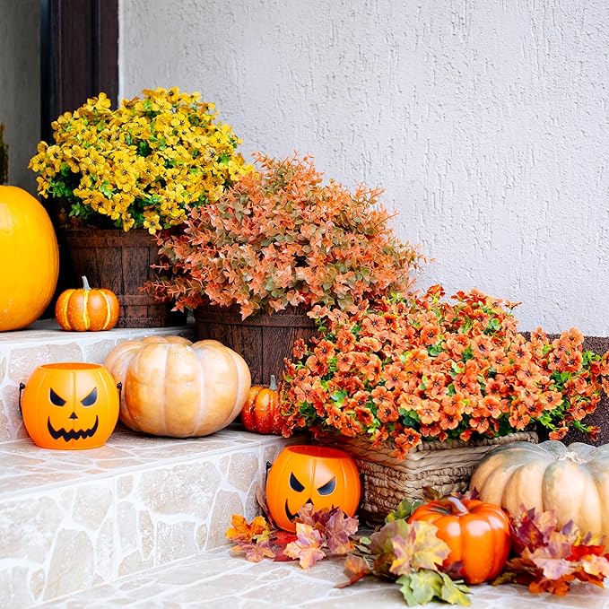 Artificial Fall Flowers Outdoor Fake Mums - 16 Bundles Fake Plants UV Resistant No Fade Faux Plastic Greenery Garden Porch Patio Fall Home Decor (Green Orange)