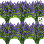 Bassion 24 Bundles Artificial Flowers for Outdoors, Fake Lavender Flowers with Monkey Grass UV Resistant Plastic Faux Plants for Outside Hanging Planter Window Box Garden Patio Front Porch Home Decor