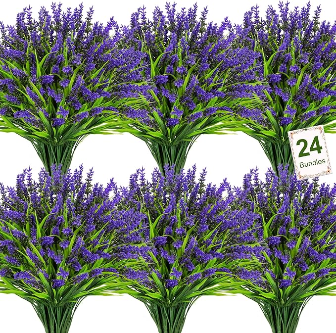 Bassion 24 Bundles Artificial Flowers for Outdoors, Fake Lavender Flowers with Monkey Grass UV Resistant Plastic Faux Plants for Outside Hanging Planter Window Box Garden Patio Front Porch Home Decor