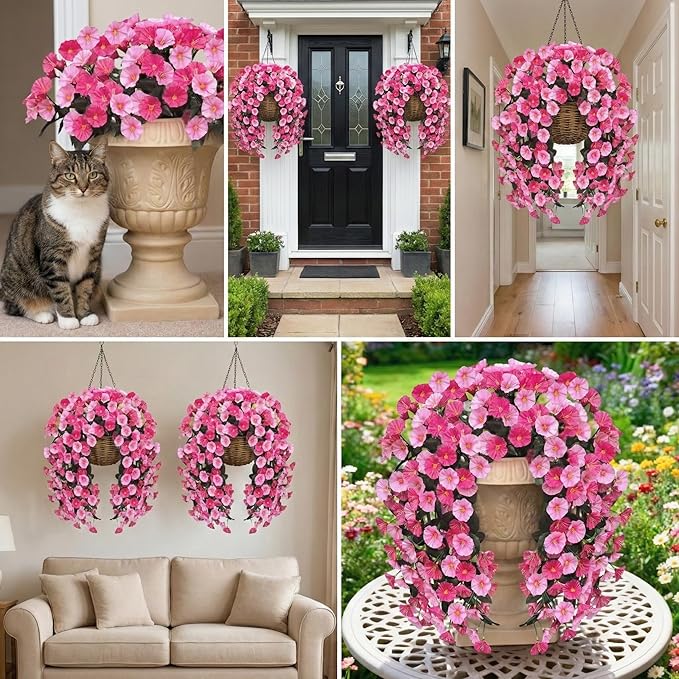 Artificial Flowers for Outdoors Fake Pink Morning Glory Hanging Flower Decoration, 2Pcs Realistic Faux Plants Petunias Long Trailing Vines,Spring Decor for Porch Patio Balcony Planter Yard