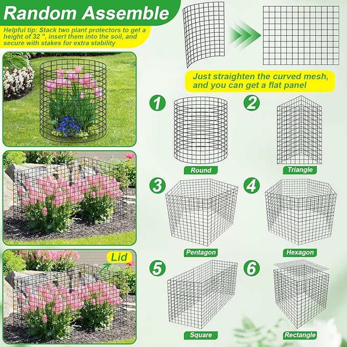 6 Pack Plant Protector from Animals,16" x 12" Wire Garden Plant Protectors,18pcs Pre-Bent Metal Mesh Plant Protectors with Zip Tie and Stake, Garden Plant Cage for Flower Vegetable to Keep Animals Out