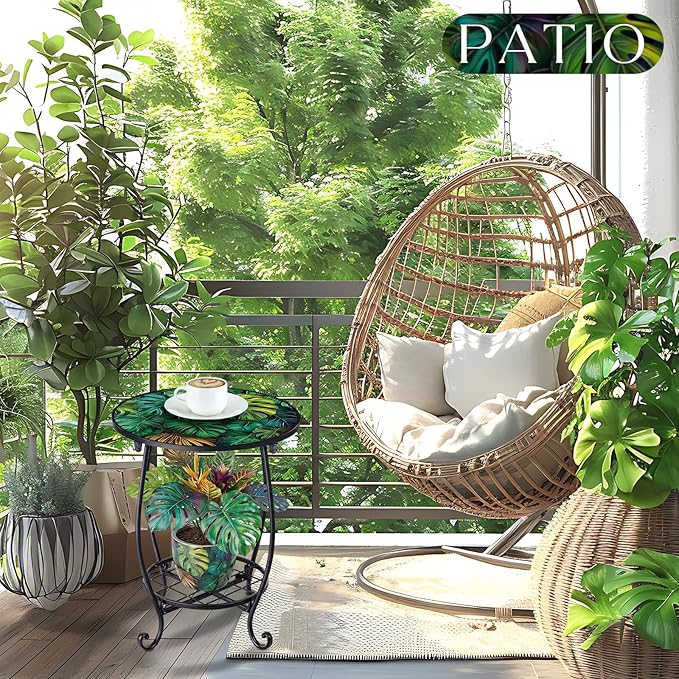 Outdoor Side Table Round Small Mosaic Patio Accent Indoor End Plant Coffee Tea Table for Yard Patio Porch Garden Living Room, Bedroom (Monster Leaf Style,14 Inch)