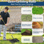 Professional Lawn Leveling Rake with 17x10in Heavy-Duty Stainless Steel Head & 72" Adjustable Handle - Grass Leveling Tool for Quick Soil Grading, Thatch Removal and Yard Maintenance