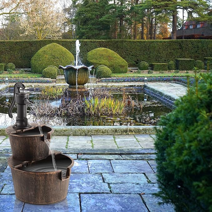 YI 27-Inch 2 Tier Water Fountains Outdoor Waterfall Barrel Fountain Pump Garden 2-Tier Barrel and Pump Waterfall Fountain, Plastic for Garden Patio Backyard Porc